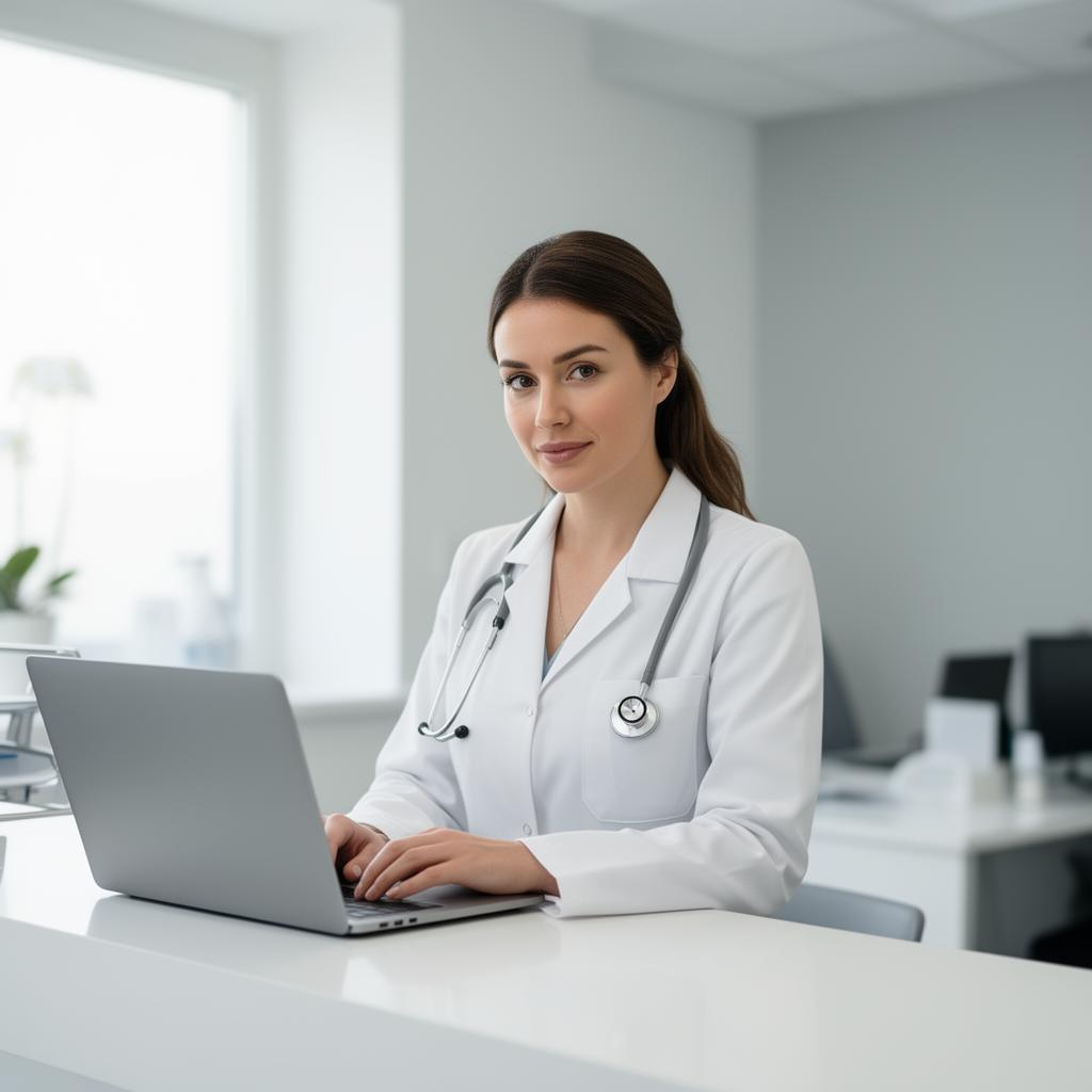Physician in white coat working at a modern clinic reception